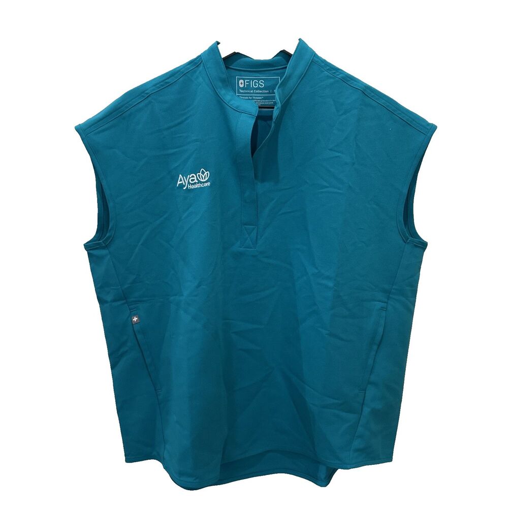 FIGS Women's Rafaela Oversized Sleeveless Scrub Top Teal Aya Logo Small